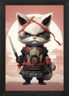 Samurai Cat Framed Wall Art Poster Canvas Print Picture