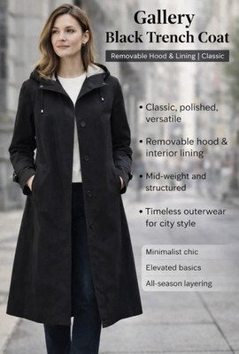 GALLERY Womens Black Trench Coat Removable Liner & Hood Size 8 Classic Capsule