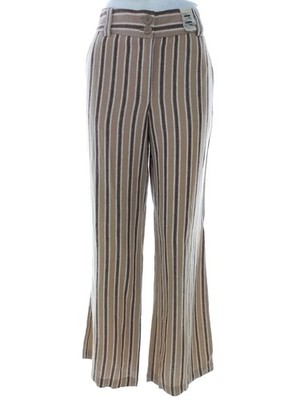 Retro Nautical Trousers Beige Brown Striped Linen Blend Wide Leg Pockets US 6