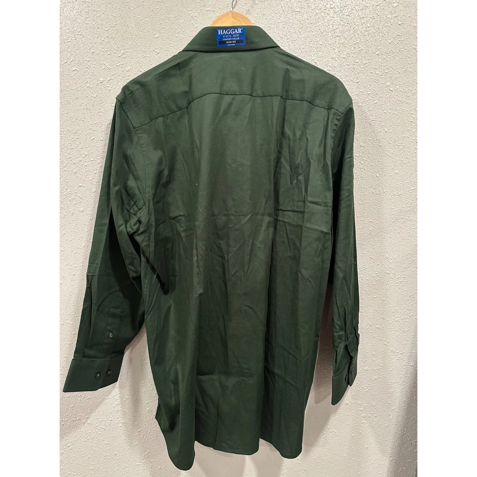 Haggar Slim Fit Dress Shirt Mens 17-17 1/2 32/33 Long Sleeve Green New - Image 2 of 4