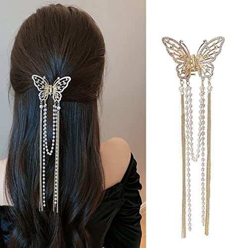 Tassel Crystal Rhinestone Gold Nonslip Butterfly Hair Clip Claw