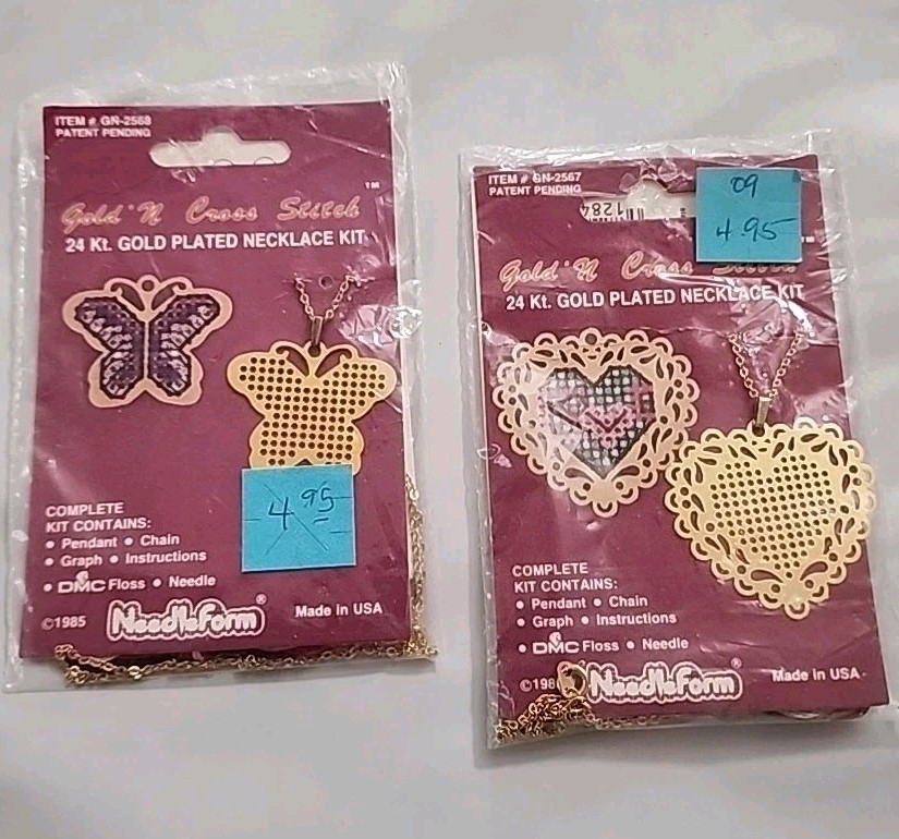 2 Vtg Pendant Kits NeedleForm cross stitch 24kt gold plated Heart Butterfly 1985