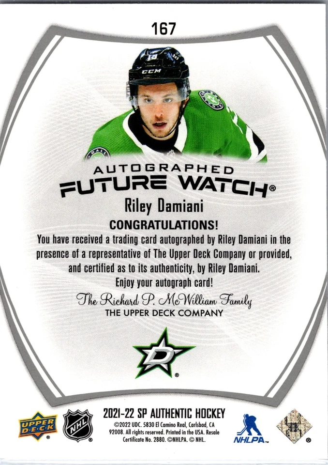 2021/22  SP AUTHENTIC  RILEY DAMIANI Future Watch Auto /999 Stars - Image 2 of 2