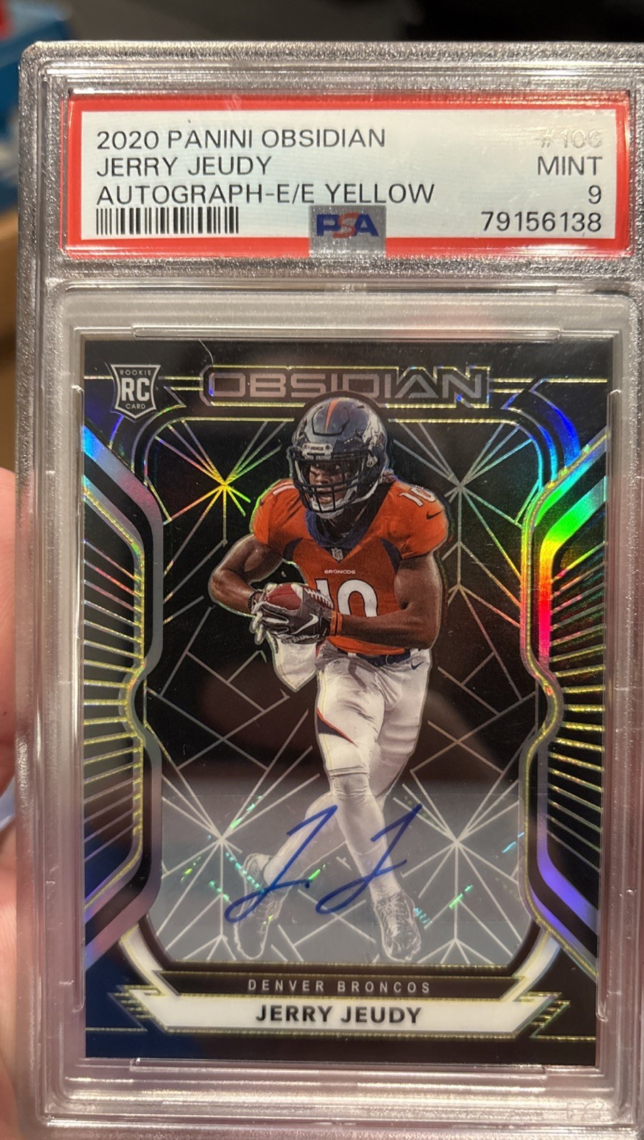 2020 Panini Obsidian Rookies Electric Etch Yellow Auto Jerry Jeudy /25 PSA 9