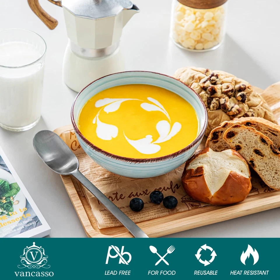 Bonita 27 OZ Juego de 6 Cuencos de Cereal, Cuencos de Cerámica Azul para Cocina, 6 Pulgadas So... Foto 3 de 4