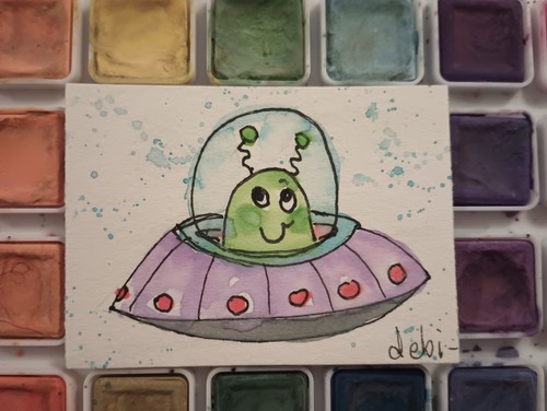 UFO/Green Alien/Outer Space /Original Hand-painted Watercolor Art/ATC/ACEO/OOAK