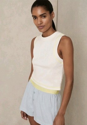 Reiss Lea Stretch Baumwolle geripptes Trägertop, weiß/gelber Besatz - Größe L