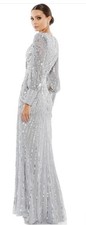 Mac Duggal 5501 Sz 20 Sequined Wrap Over Bishop Sleeve Gown Silver
