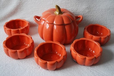Großer orangefarbener Kürbis Deckel Servieren Suppe Eintopf & 5xSchale Halloween Herbst Herbst