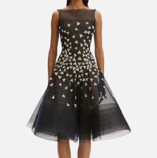 Oscar De La Renta Women Black Crystal Tulle Illusion Sleeveless Gown Dress Sz 8
