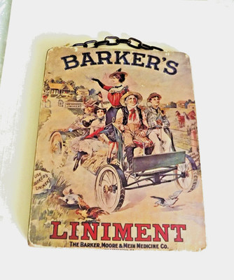 vintage Barker's Liniment - wood sign advertisment with chain 5x7 primitive