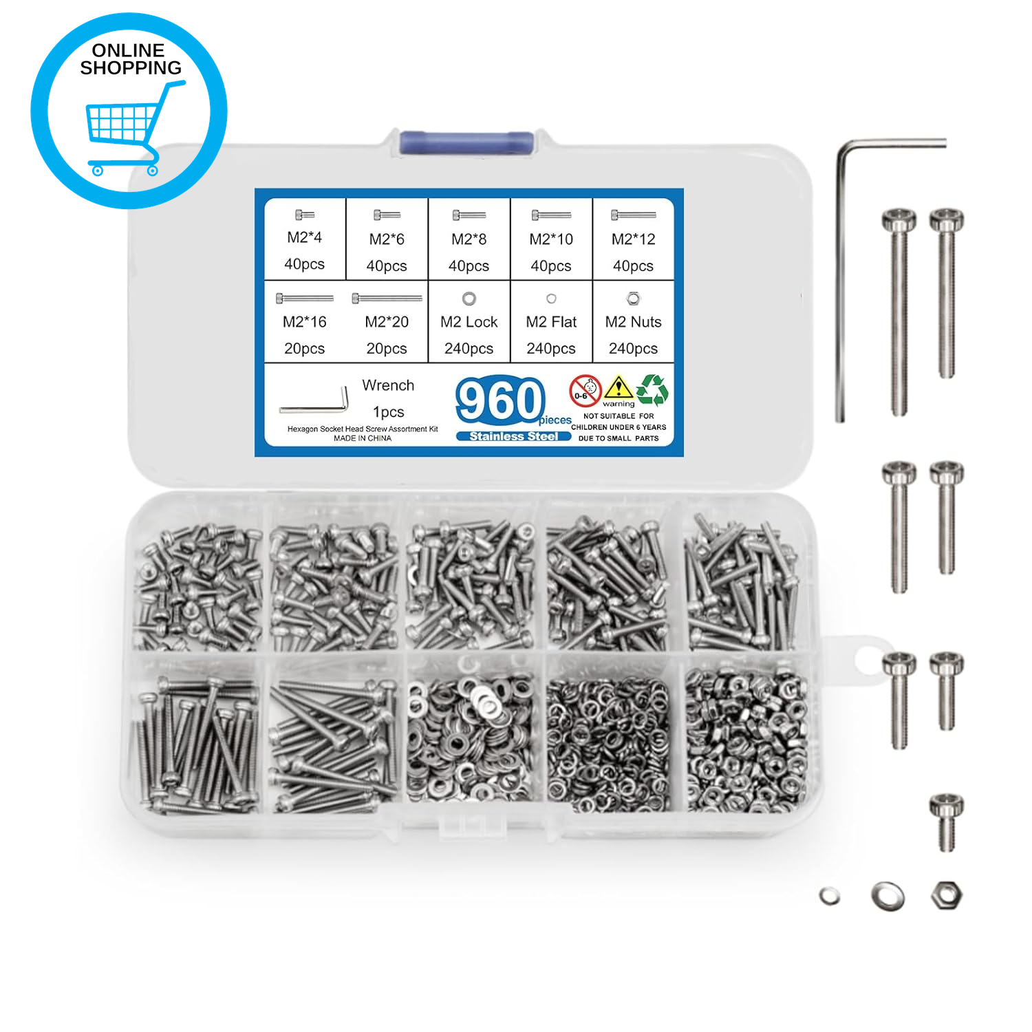 960 Pcs M2 Bolts and Nuts Set, Stainless Steel Hex Socket Head Cap Screws with W