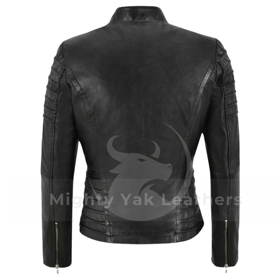 Women's Genuine Black Soft Cowhide Leather Jacket Cafe Racer Biker Motorcycle - Image 4 of 4