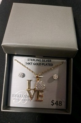 Women's Brilliance Sterling Silver 14KT Gold Plated Necklace 18''with studs! New!