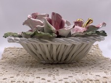 Vintage Italian Nuova Capodimonte Porcelain Flower Basket Centerpiece Pink Gold