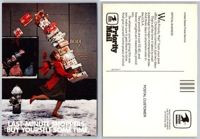 1987 USPS Priority Mail Postcard - Last-Minute Shoppers Christmas Ad
