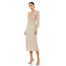 Mac Duggal NWT SEQUINED V-NECK BISHOP SLEEVED DRESS SZ 4 NUDE PINK SILVER 93593