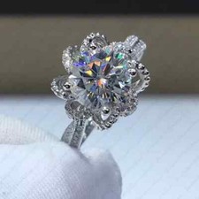 2.28Ctw 8mm Round Moissanite Flower Halo Engagement Ring 14K White Gold Plated