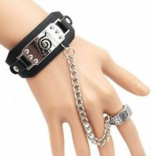 Hot Anime Naruto Konoha Logo Leather Bracelet&Ring Cosplay Wristband Jewelry