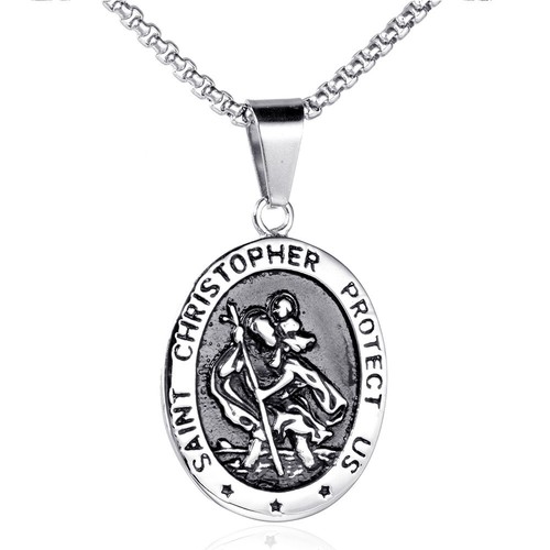 Titanium Steel Oval ST Christopher Pendant Necklace 24inch Box Chain For Mens UK - Picture 4 of 6