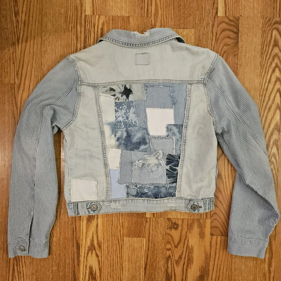 Chaqueta corta vaquera con retazos únicos reciclados/reciclados papaya L Foto 4 de 4