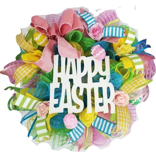 Large Happy Easter Front Door Wreath Floral Decoration 24" Spring Deco Mesh