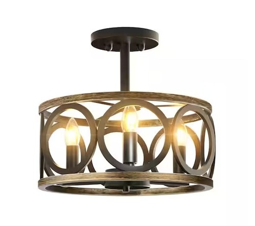 TOZING 13 in. 3-Light Black Cage Drum Semi-Flush Mount Ceiling Light Fixtures In