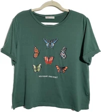 ROMWE Forest Green Crop Wild Heart Free Spirit Butterfly T Shirt Size Large