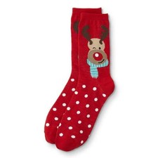 Holiday Novelty Crew Socks Women's Shoe Size 4-10 Red Nose Reindeer 1 Pair
