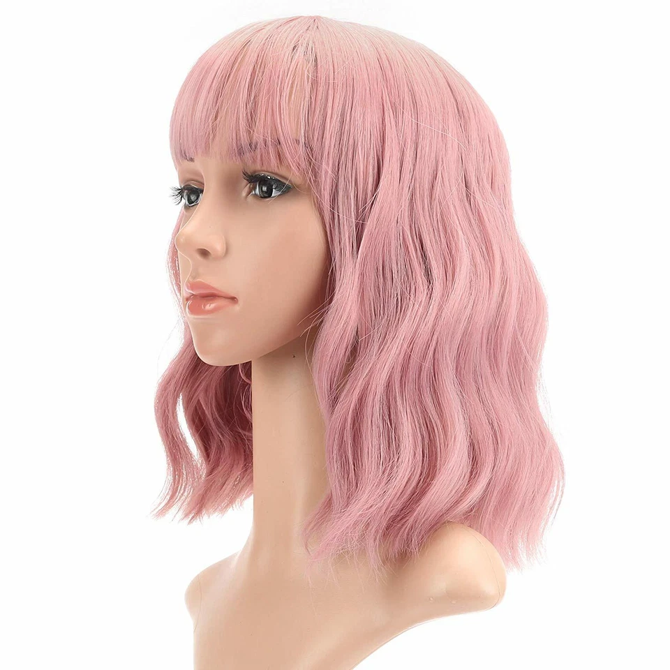 Girls Short Fashion Bob Wig Purple Pink Wig for Women Pastel Wavy Wig With Bangs - Image 3 of 4