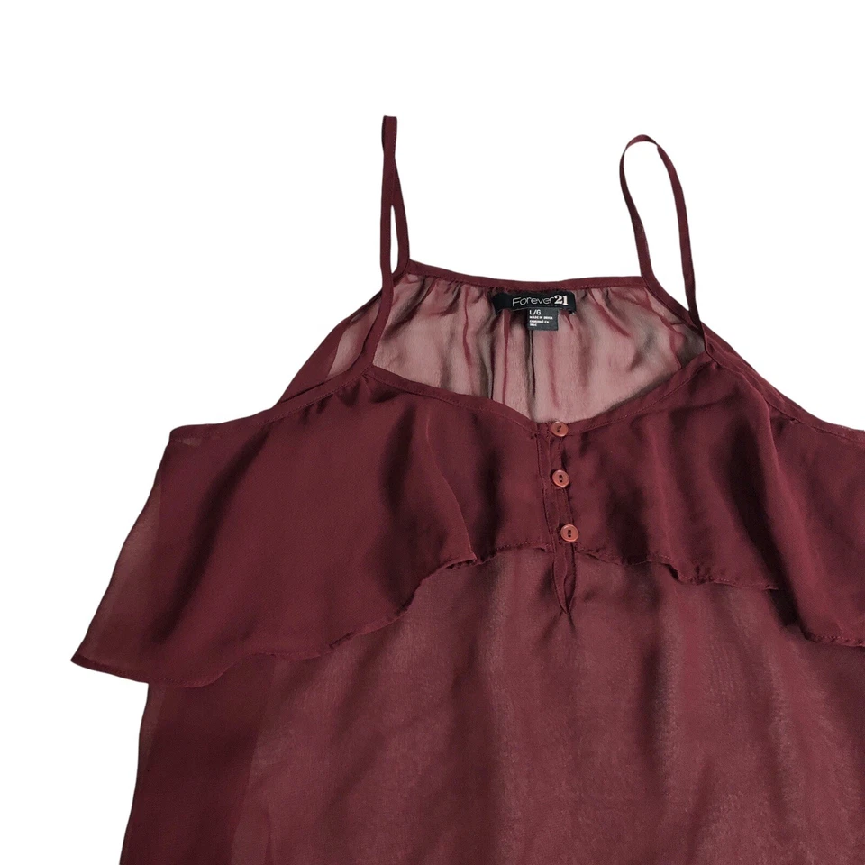 Camiseta sin mangas Y2K Forever 21 Junior L Borgoña Transparente Volantes Botón Cami Babydoll Boho Foto 3 de 4