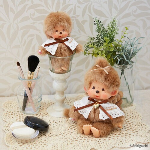 Monchhichi Gold Plush Doll Mascot Keychain Sweet Brown Ribbon