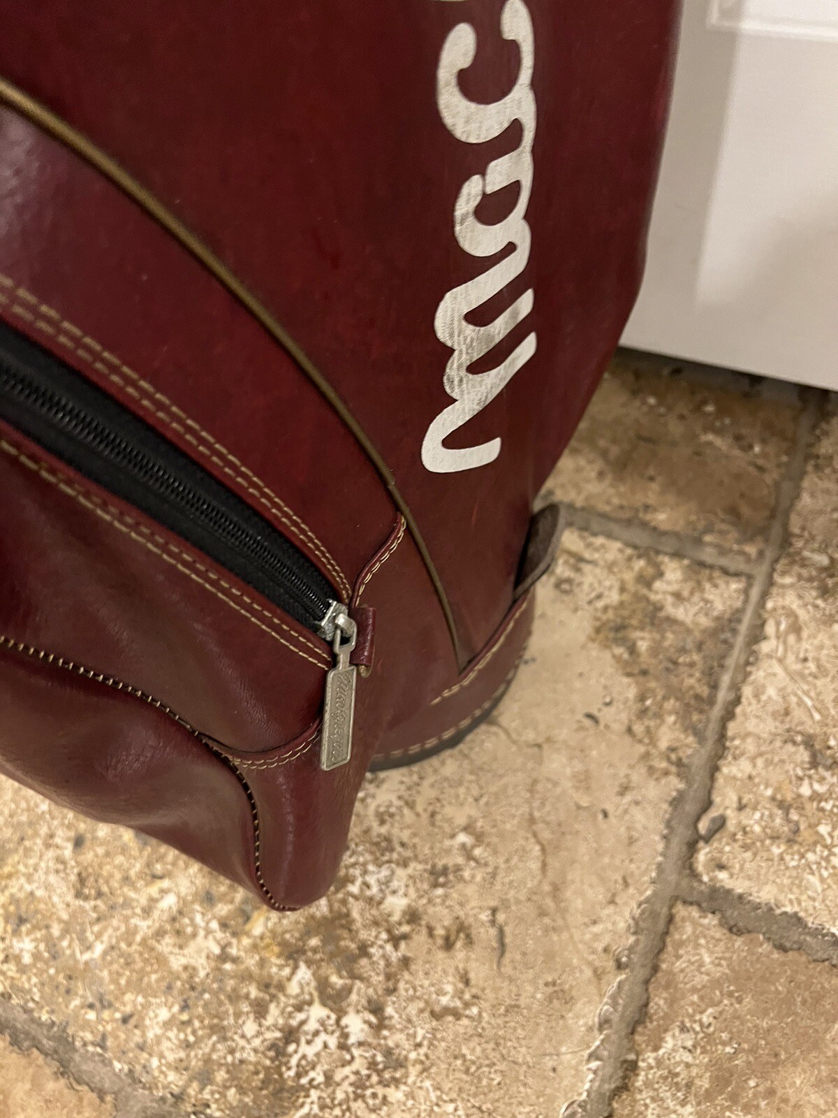 MacGregor Vintage Red Leather Golf Bag Top Sherpa Strap Good Condition