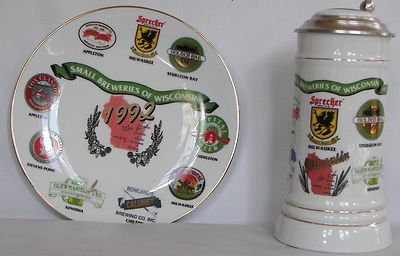 Lakefront Brewery, Riverwest logo 1992 beer stein and beer, brewery plate set