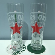 2 x Heineken  Pint Glasses 20oz Red Star New +6 Beer Mats