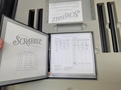 Scrabble Word Game Onyx Edition Rotating Gameboard Black Tiles Silver Print - Picture 8 of 14
