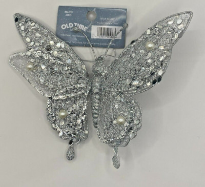 NEW SILVER SEQUIN GLITTER BUTTERFLY SEQUINS BEADS 10'' ORNAMENT FREE SHIP