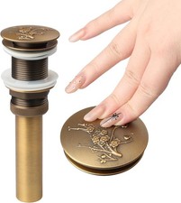 Pop-Up Sink Drain - Antique Brass Bathroom Basin Stopper with Engraved Floral