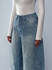 Women's Rhinestone Wide Leg Jeans High Waisted Sparkle Denim Pants Blue