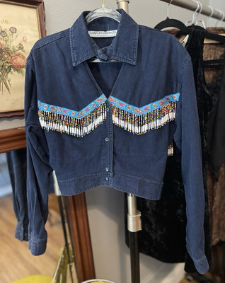 Vintage Adalee Rose Blue Cropped Beaded Button-Up Long Sleeve Shirt Size S