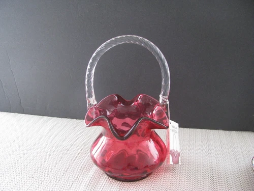 Fenton Cranberry Glass Basket Ruffled Rim Clear Handle