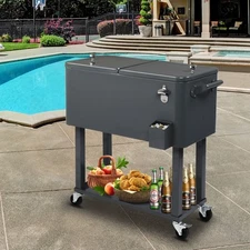 Outdoor 80QT Rolling Party Iron Cooler Cart Ice Bee Chest With Wheels, Shelf