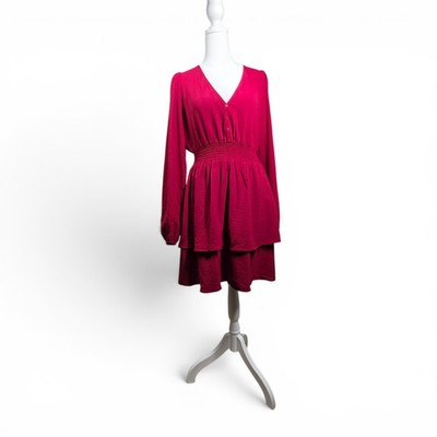 Lola Grace Women's Burgundy Long Sleeve Smocked Waist Tiered Dress L NWT