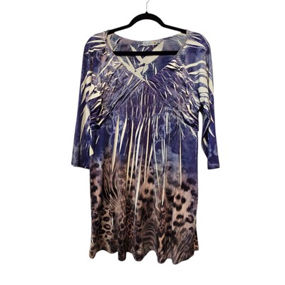 Unity World Womens Animal Print Tunic Top XL Purple Babydoll Slinky Comfy Boho