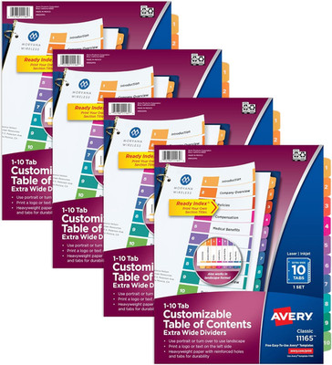 Extra-Wide Dividers for 3 Ring Binders, 10 Tabs per Set, Customizable Table of C