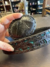 Tooled Leather Belt With Buckle Teal Inlay