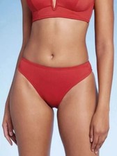 Shade  Shore Women's Red Ribbed Low Rise Cheeky Bikini Bottom L 12-14 NWT
