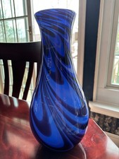 LARGE COBALT BLUE AND LIGHTER BLUE SWIRLED HAND BLOWN ART GLASS VASE 13- " HIGH