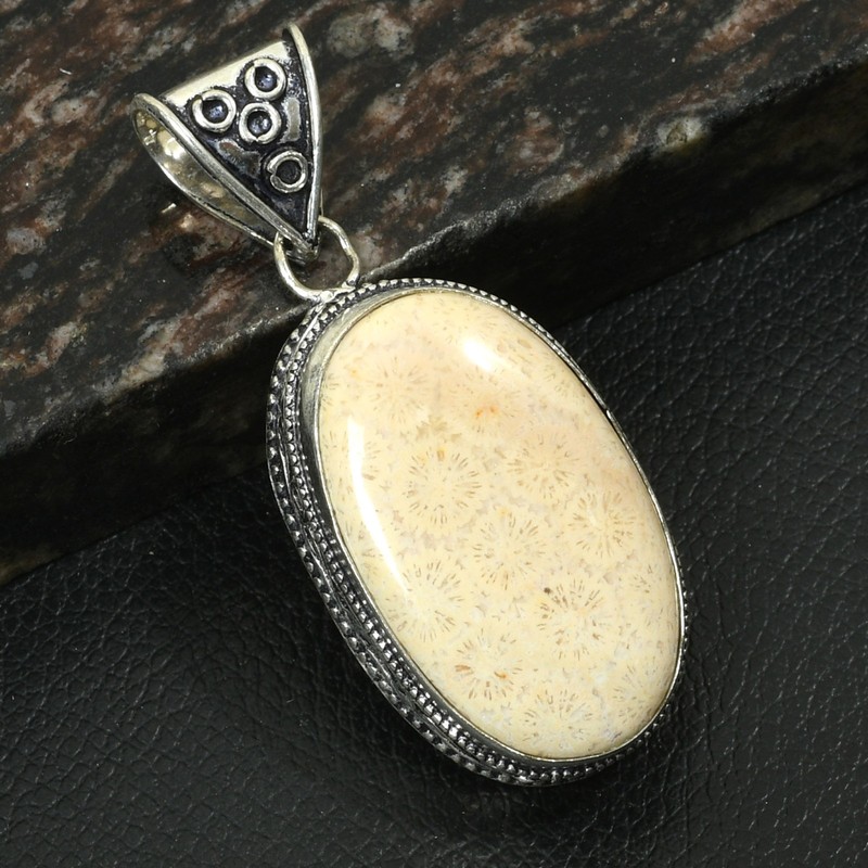 Fossil Coral Gemstone Handmade Antique Design Pendant Jewelry Gift 2.2" AP-38053