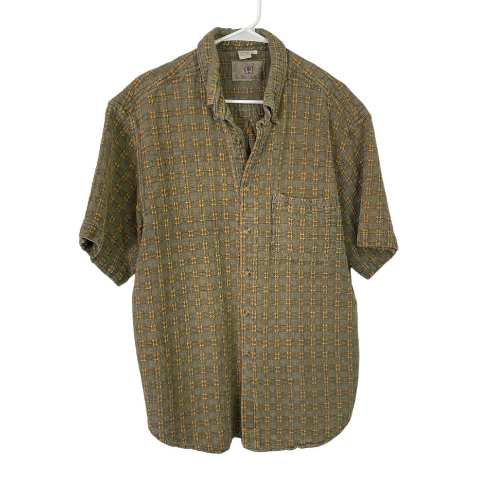 Camisa masculina Territory Ahead XL cáqui dourada bordada xadrez tecido botão para baixo - Imagem 2 de 4